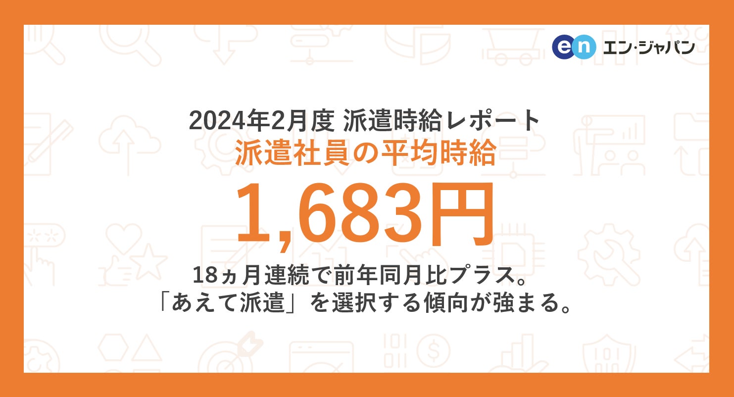 2024年2月度 派遣社員の平均時給は1,683円18ヵ月連続で前年同月比プラスを記録。待遇・働き方の改善踏まえ、「あえて派遣」の傾向が強まる。