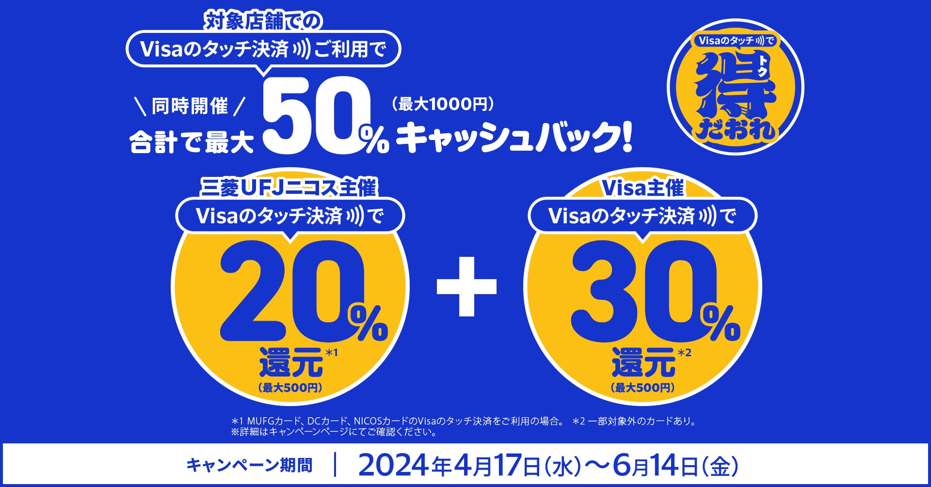 三菱UFJニコス、大阪エリアでVisaカード会員向けに“Visaのタッチ決済”キャンペーンスーパー「サンディ」「万代」での利用で累計利用額の最大50％、もれなくキャッシュバック！