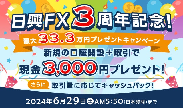 日興FX3周年記念 最大33.3万円プレゼントキャンペーン開始のお知らせ