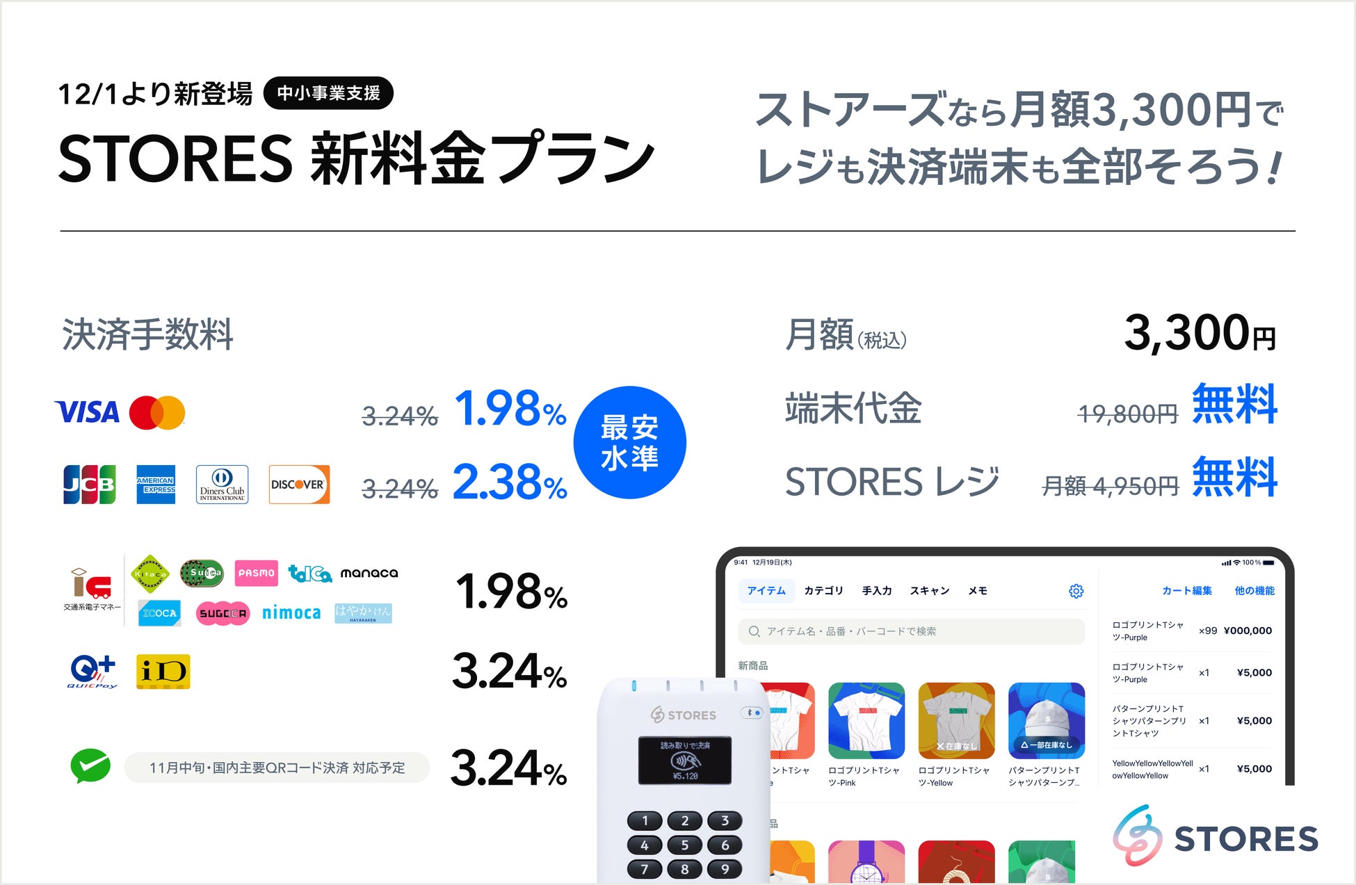 STORES 決済、クレジットカード決済手数料を業界最安水準1.98%に引き下げ、中小事業者向け「中小支援プラン」を新たに提供