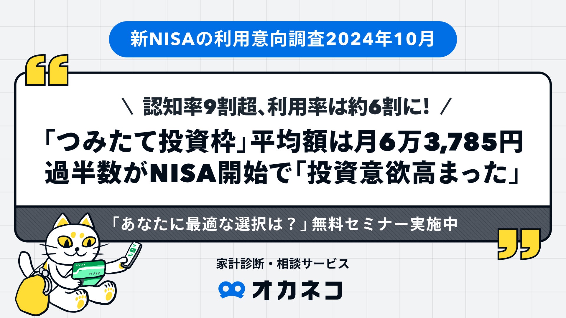 ＜最新・新NISA情報＞着実に広がるNISA、認知率9割超・利用率は約6割に！つみたて投資枠 平均は月6万3,785円。過半数がNISA開始で「投資意欲高まった」