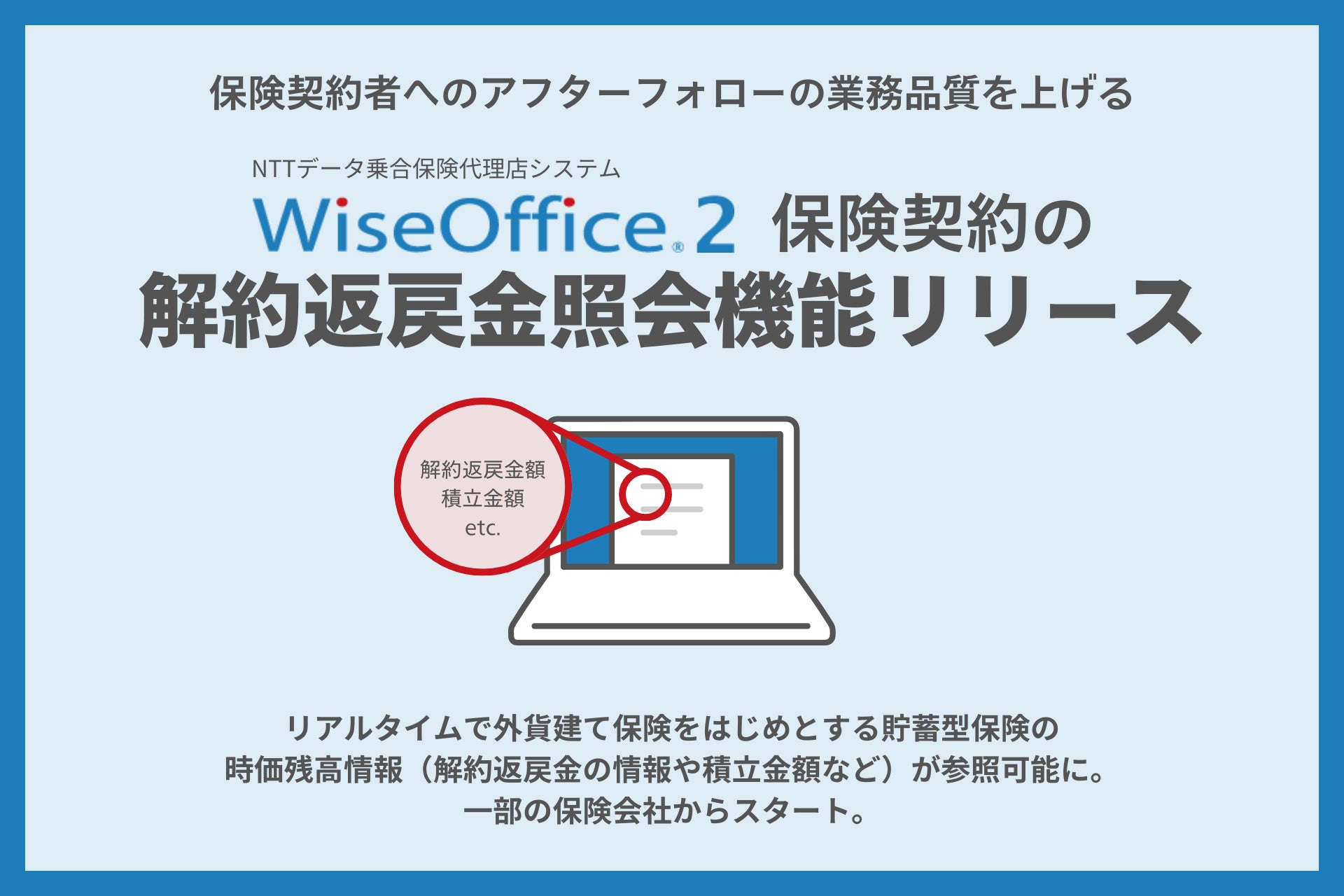 保険代理店業務支援システム「WiseOffice®2」にリアルタイム解約返戻金照会機能を追加。外貨建て保険をはじめとする貯蓄型保険の時価残高情報を瞬時に照会。