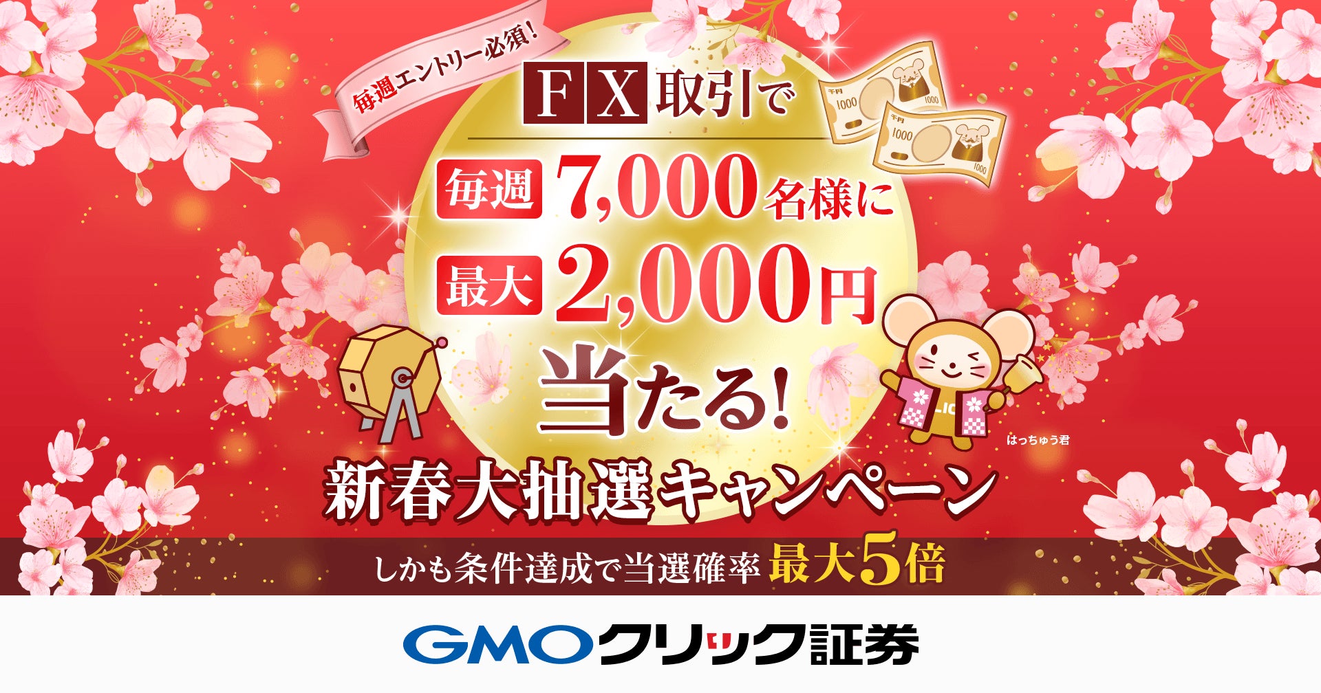 GMOクリック証券：FXネオ5万通貨取引で最大2,000円が当たる新春大抽選キャンペーンを開催