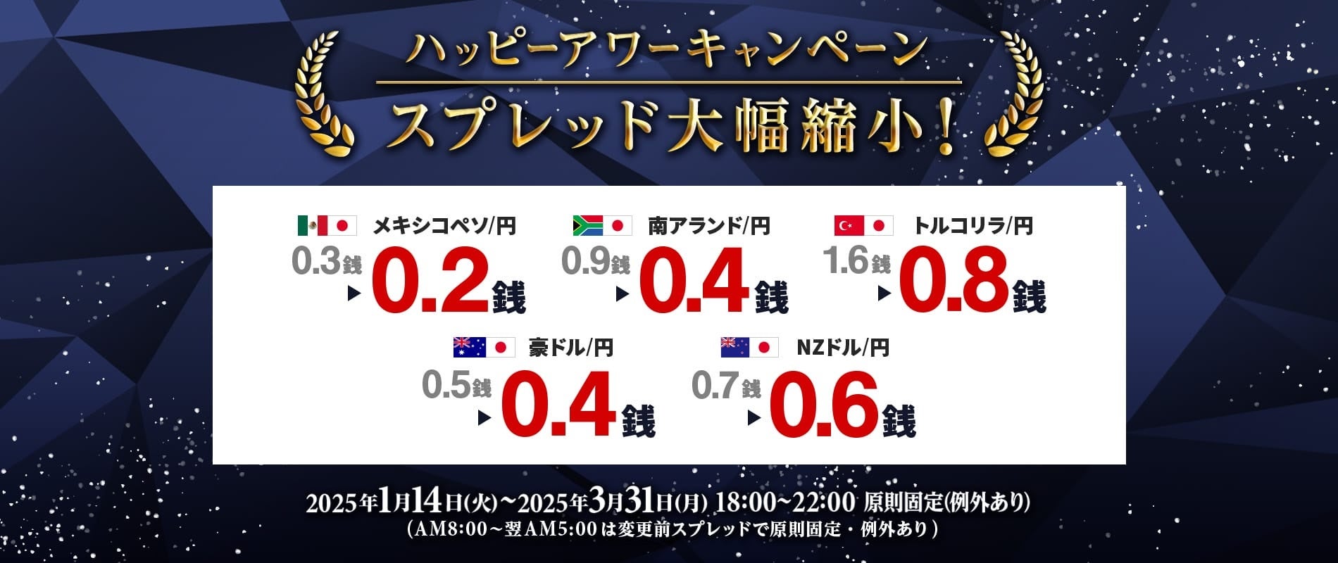 人気の5通貨ペアのスプレッドが大幅縮小！ハッピーアワーキャンペーンを1月14日から開始！