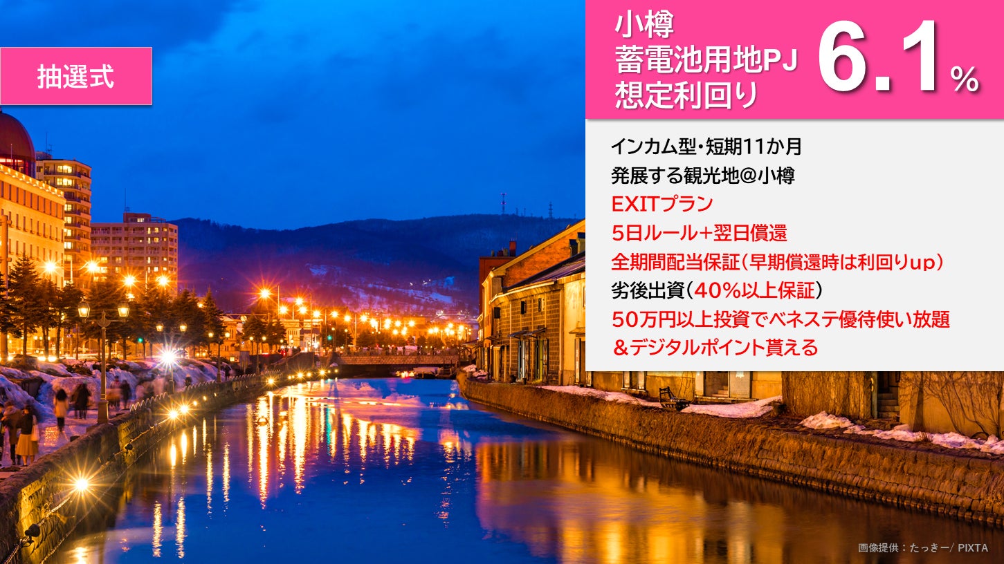 『らくたま21号（小樽①）』4/28より募集スタート！「全期間配当保証」「翌日償還」「優先劣後システム」「EXITプラン」を採用した高機能ファンドにより、資金効率最大化と投資安定性の向上を目指します。