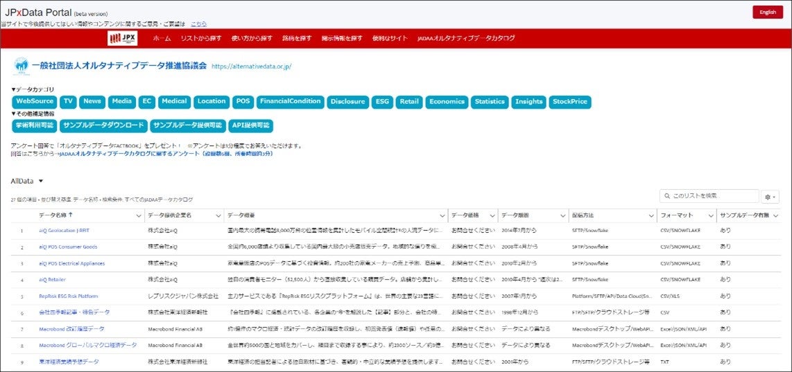 オルタナティブデータカタログ機能拡充のお知らせ