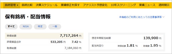 「マネックス銘柄スカウター」に保有銘柄や配当情報を追加