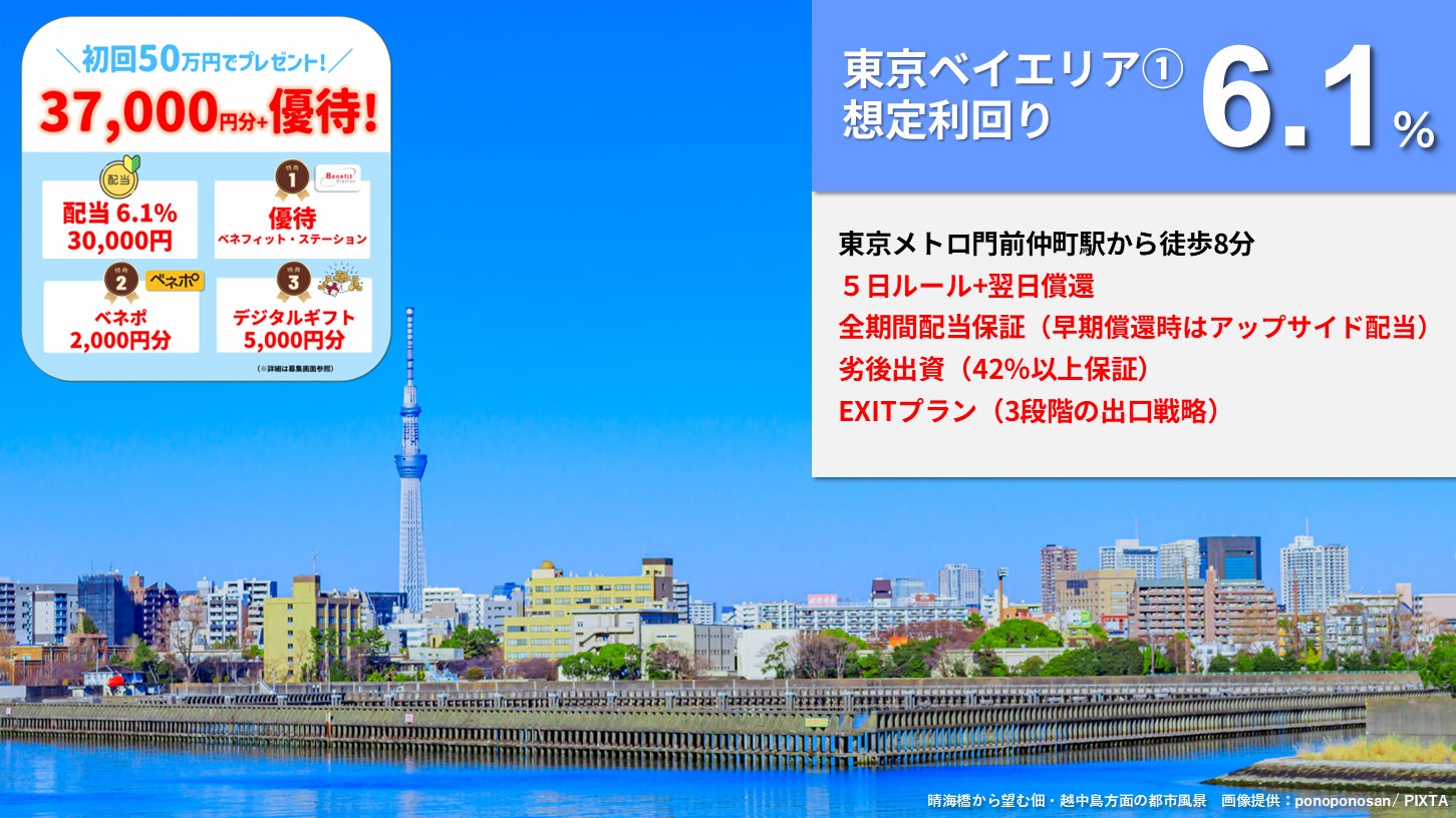 『らくたま23号（東京ベイエリア①）』の募集が、7月18日よりスタート！初回50万円のご投資で、配当やデジタルギフト37,000円分に加え、優待特典がもらえる「らくたまデビューキャンペーン」実施中！