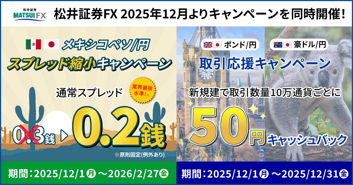 【松井証券 FX】 メキシコペソ/円・豪ドル/円・ポンド/円を対象に、スプレッド縮小＆キャッシュバックキャンペーンを同時開催