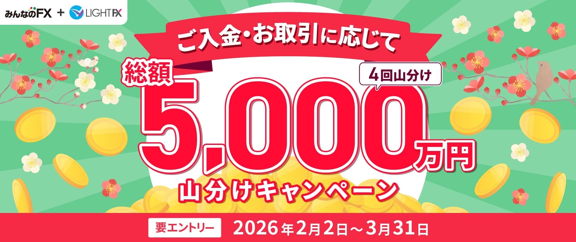 【みんなのFX】「総額5,000万円山分けキャンペーン」を2月2日（月）より開催！
