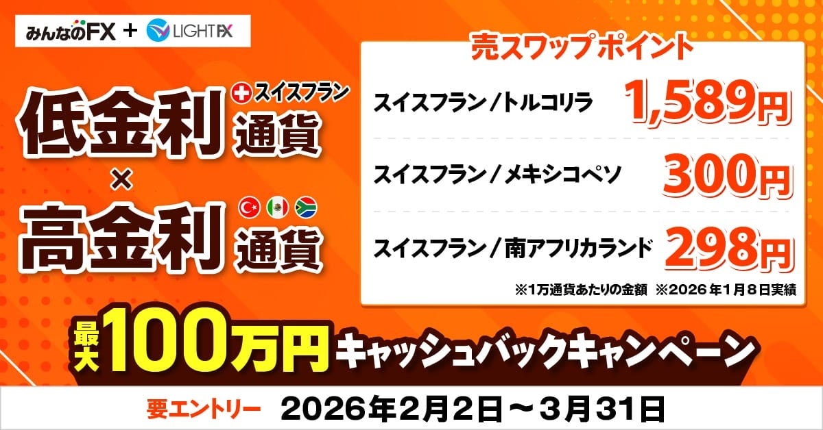【みんなのFX】2月2日（月）より 「スイスフラン×高金利通貨 最大100万円キャッシュバックキャンペーン」を開催！