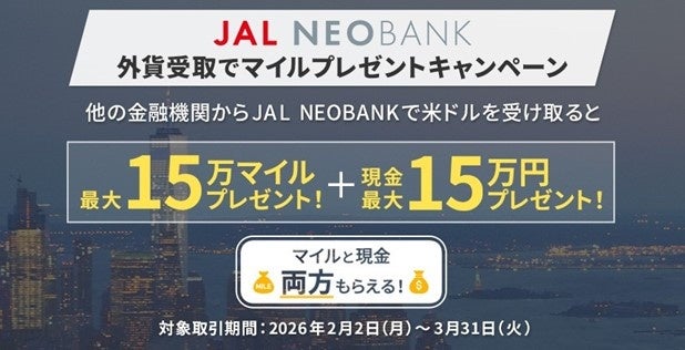 JAL NEOBANK、「外貨受取でマイルプレゼントキャンペーン」を実施～受取金額に応じて最大15万マイルプレゼント～