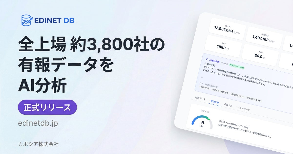 β公開から約10日で1,300件超のAPI利用登録。日本初*、AIから直接つながる有報データ基盤「EDINET DB」正式リリース