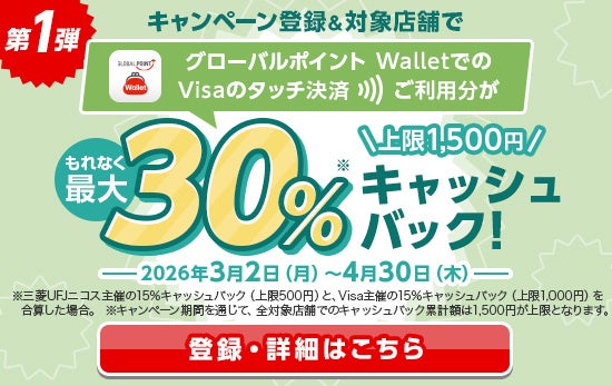 三菱UFJニコス、「グローバルポイント Wallet」の利用で、“Visaのモバイルタッチ決済”キャンペーン 対象店での利用で最大30％（上限1,500円）をキャッシュバック！