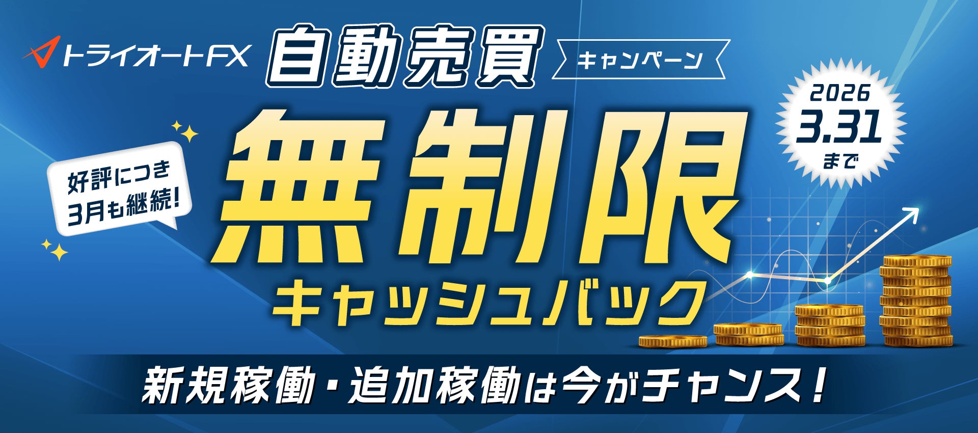 自動売買”無制限”キャッシュバックキャンペーン開催！～自動売買の新規稼働・追加稼働は今がチャンス！～【トライオートFX | インヴァスト証券】
