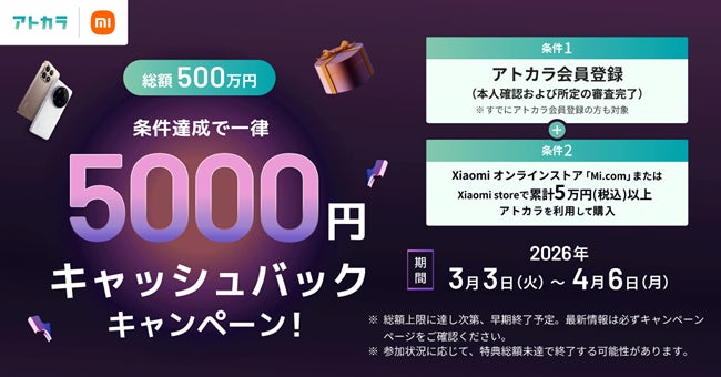 あと払いサービスの「アトカラ」　条件を満たすXiaomi製品購入で一律5,000円キャッシュバックキャンペーンを実施！