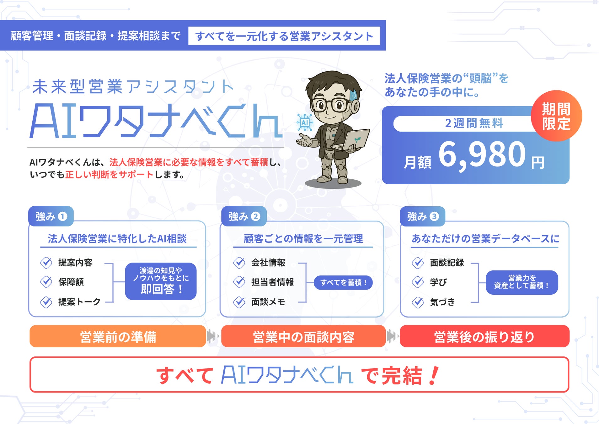 「何を聞けばいいかわからない」が、法人保険営業の現場で変わります。株式会社HELLO base、財務・税務・保険設計に特化したAIアシスタント「AIワタナベくん」の提供を開始します