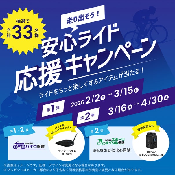 SBI日本少短、『走り出そう！安心ライド応援キャンペーン　第2弾』を「みんなのバイク保険」「みんなのスポーツサイクル保険」「みんなのe-bike保険」にて本日より開始