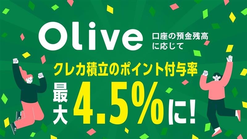 Olive口座に預金すると、クレカ積立が最大4.5％とさらにおトクに! 国内初、預金残高に応じたクレカ積立ポイント付与率UPプラン開始