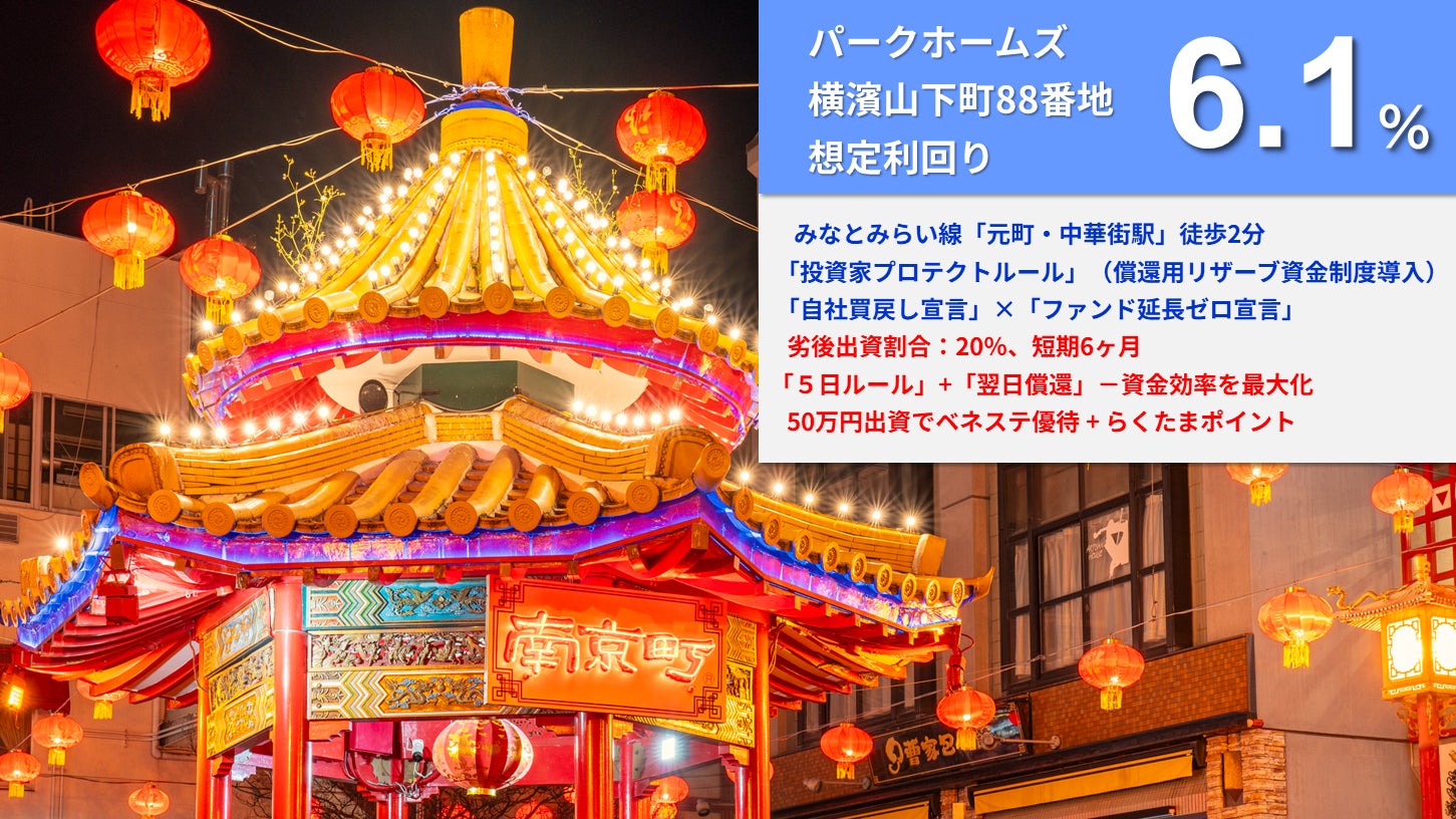 『らくたま38号（パークホームズ横濱山下町88番地）』本日12時より募集スタート！「翌日償還」「優先劣後システム」を採用した高機能ファンドで資金効率最大化と投資安定性の向上を目指します