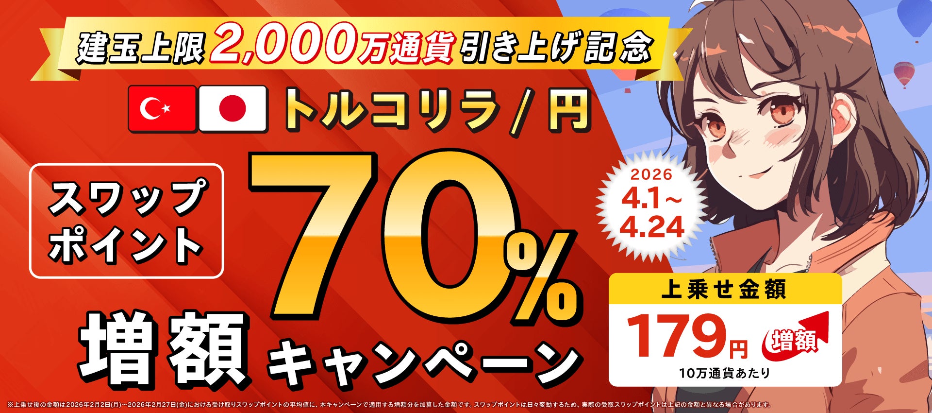 【トルコリラ/円】建玉上限2,000万通貨引き上げ記念スワップポイント70％増額キャンペーン【トライオートFX | インヴァスト証券】