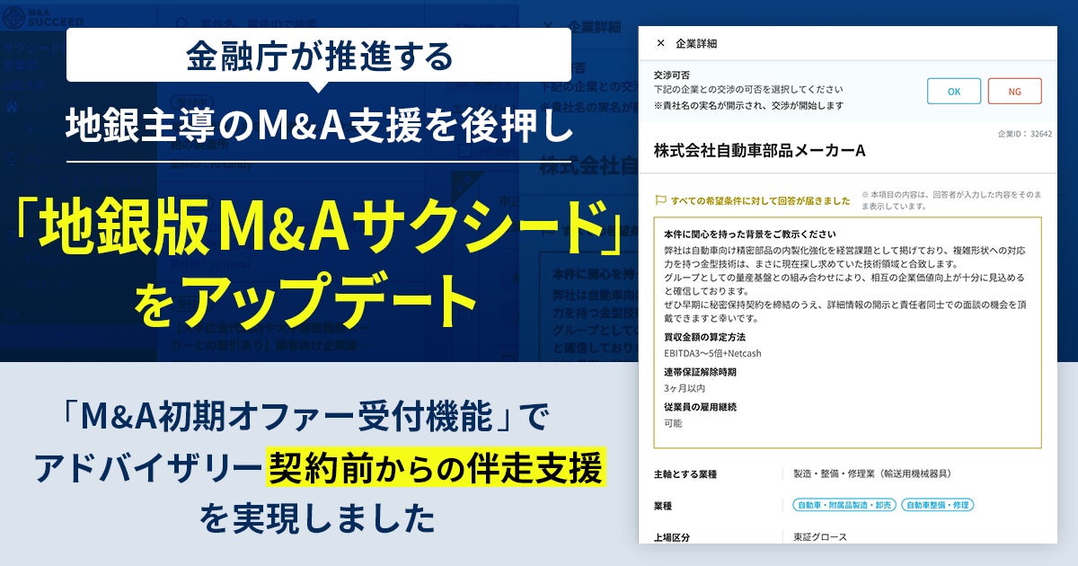 金融庁が推進する地銀主導のM&A支援を後押し「地銀版M&Aサクシード」をアップデート