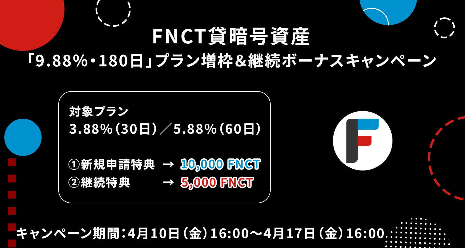FNCT貸暗号資産 「9.88％・180日」プラン増枠&継続ボーナスキャンペーン
