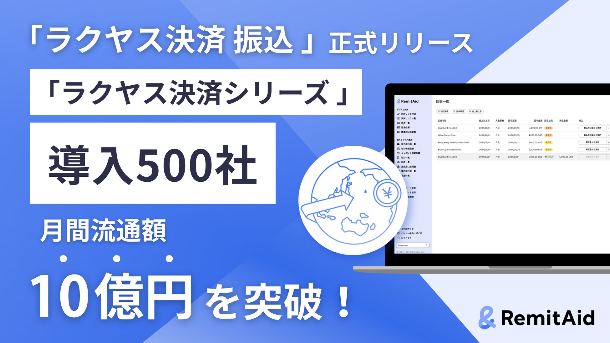 RemitAid、次世代決済プラットフォーム「ラクヤス決済 振込」を正式リリース – 「ラクヤス決済」シリーズ全体で導入500社、月間流通額10億円を突破！