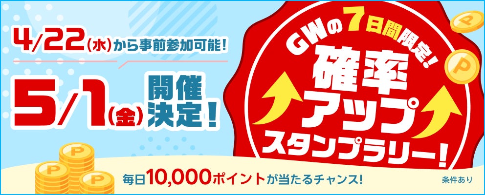 楽天カード、5月1日（金）から「GW限定！毎日1万ポイントのチャンス！確率アップスタンプラリー！」キャンペーンを開催