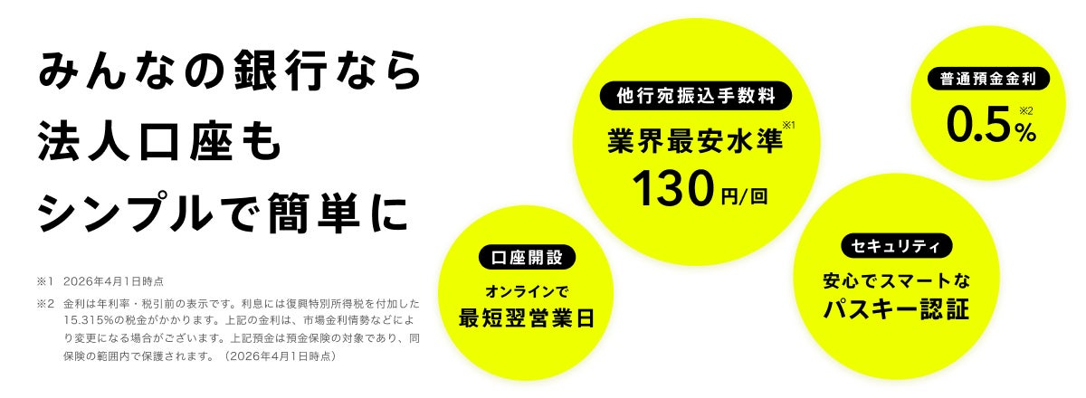 オンライン完結 「みんなの銀行法人口座」を提供開始