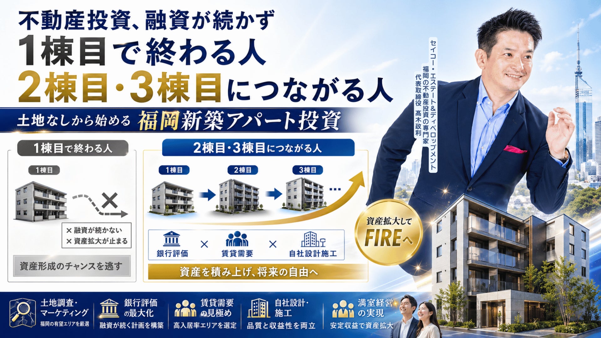 銀行が評価する新築アパート投資には、理由がある。福岡で土地なしから始める不動産投資セミナーを5月16日に開催。お客様のFIRE達成にイチから伴走する安心サポート。