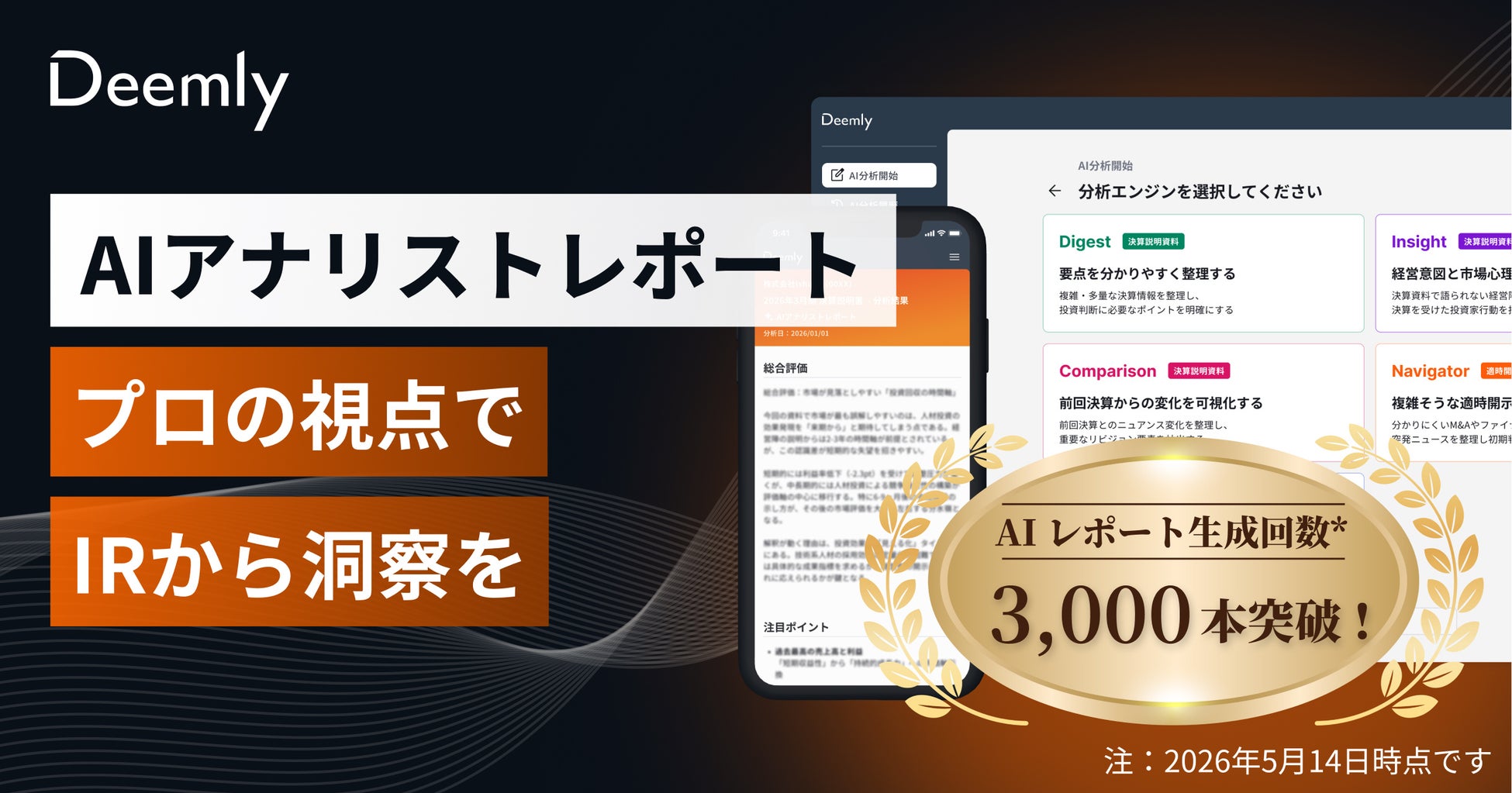 「Deemly」、AIアナリストレポート生成回数3,000回を突破