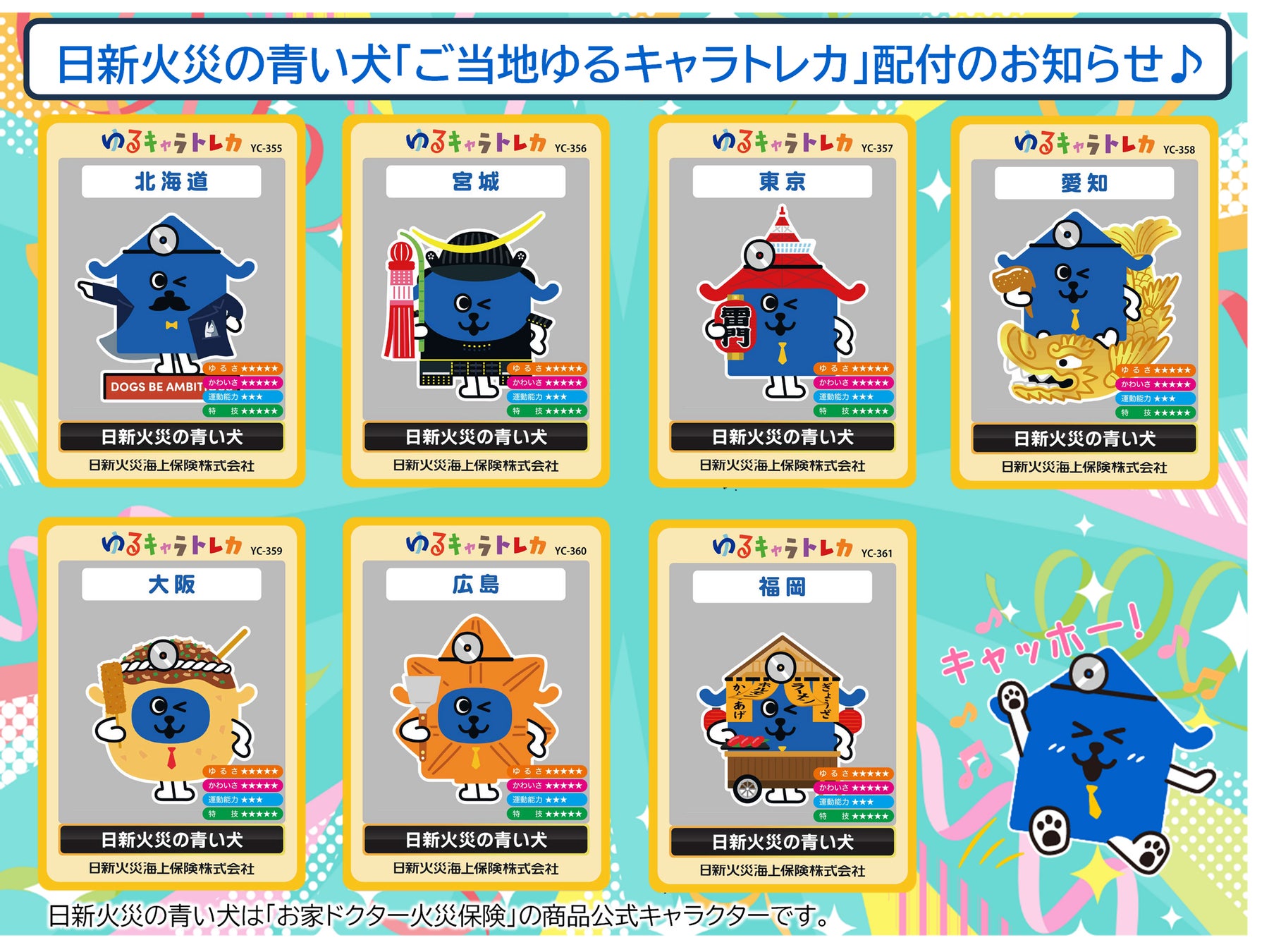 お家ドクター火災保険商品公式キャラクター・日新火災の青い犬 「ご当地ゆるキャラトレカ」配付のお知らせ