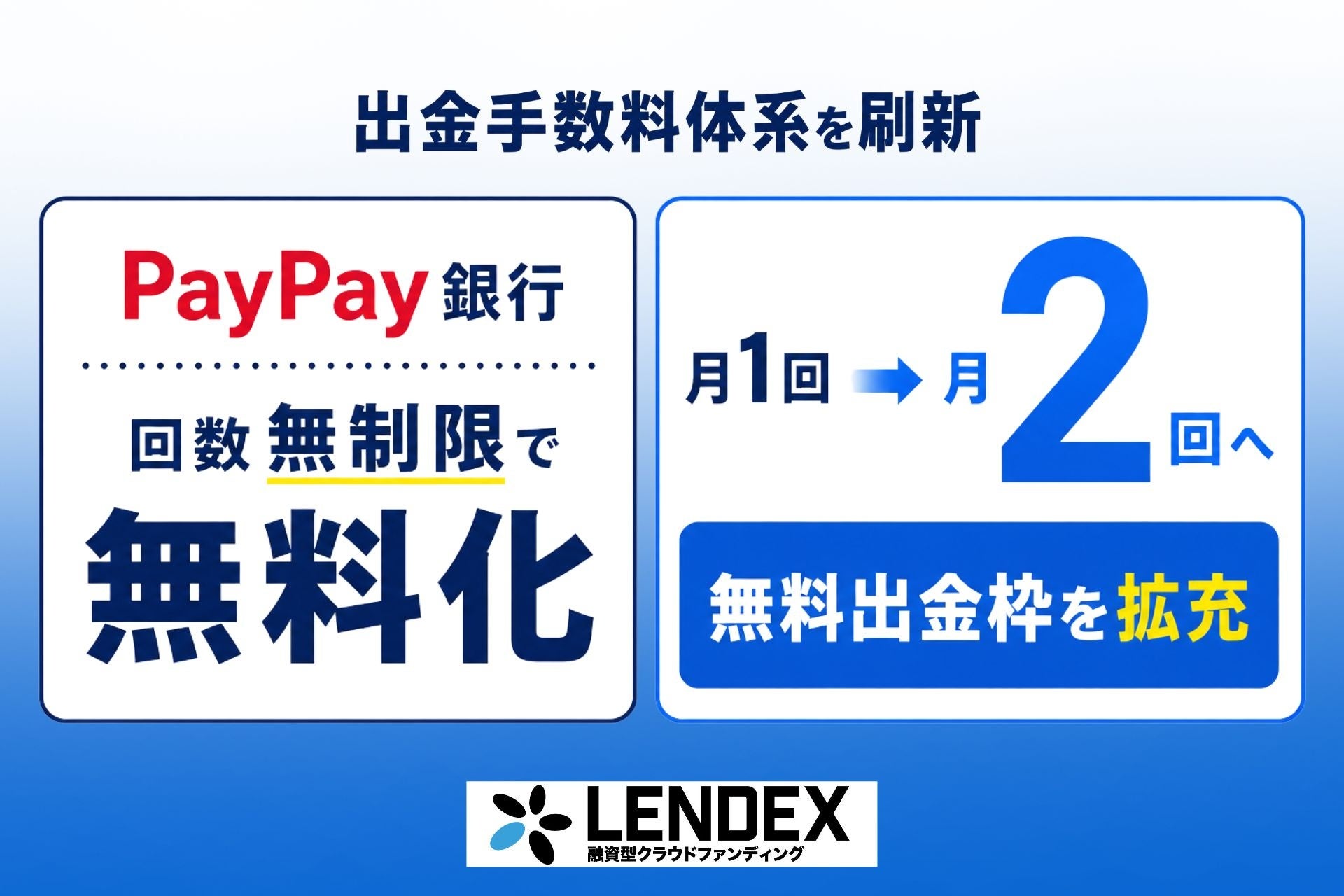 【LENDEX】出金手数料を改善のお知らせ｜従来月1回まで無料が、月2回の無料になりました