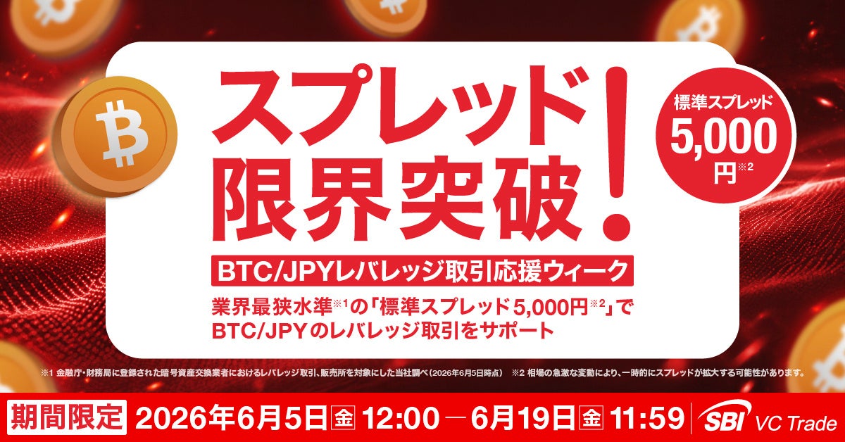 スプレッド限界突破！BTC/JPYレバレッジ取引応援ウィーク】業界最狭水準※1の「標準スプレッド5,000円※2」でBTC/JPYのレバレッジ取引をサポート