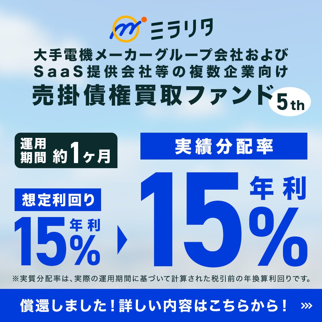 応募額5,710万円、応募率144％「大手電機メーカーグループ会社およびSaaS提供会社等の複数企業向け売掛債権買取ファンド5th」償還および分配を実施