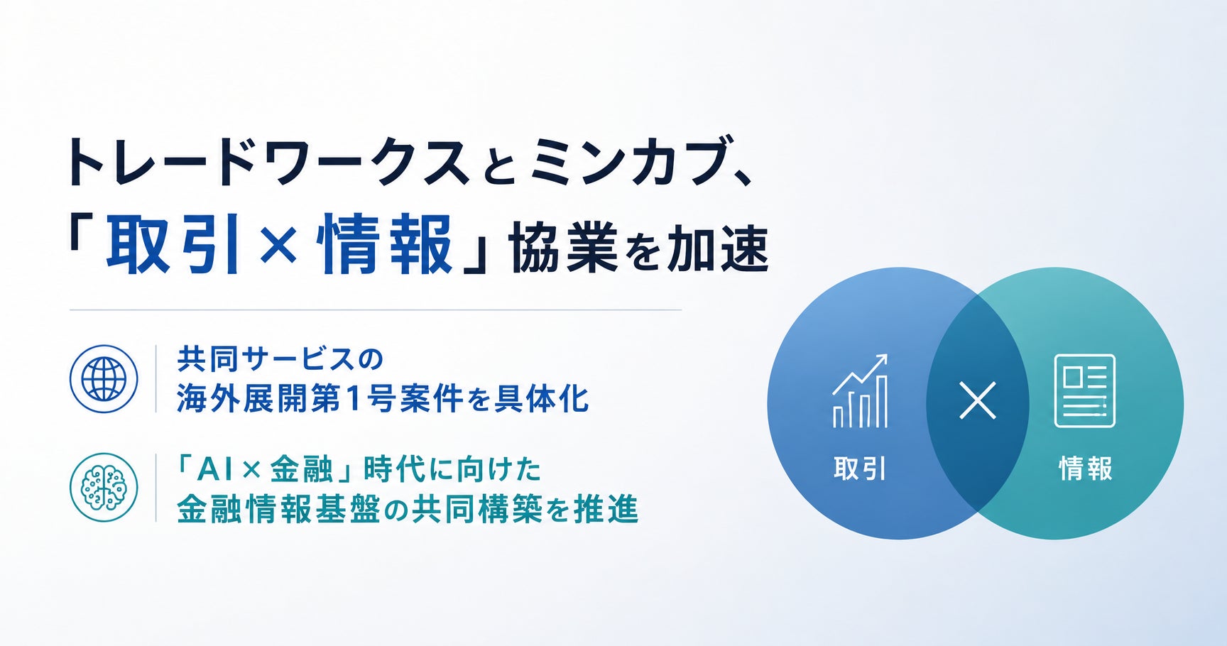 トレードワークスとミンカブ、「取引×情報」協業を加速共同サービスの海外展開第1号案件を具体化　「AI×金融」時代に向けた金融情報基盤の共同構築を推進