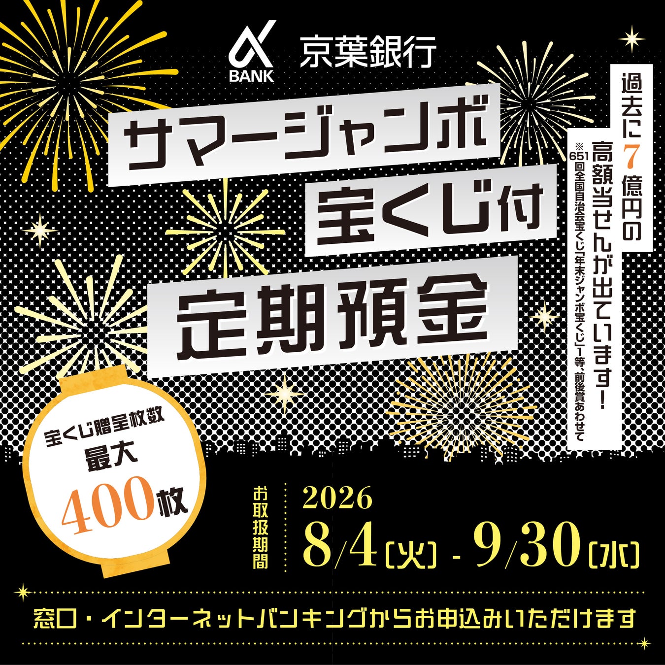 【8月4日（火）から】京葉銀行、最大400枚宝くじがもらえる「サマージャンボ宝くじ付定期預金」の募集開始！！