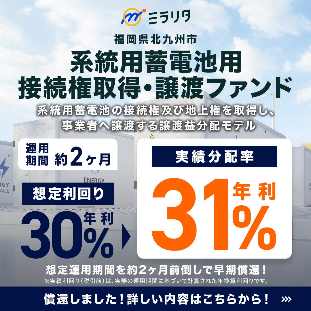 ミラリタ株式会社、「第8号ファンド」の償還および分配を実施