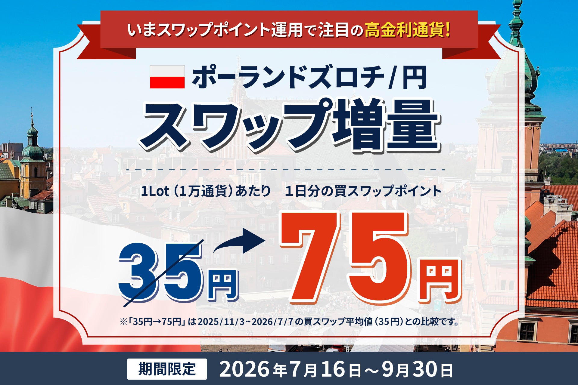 【みんなのFX】ポーランドズロチ/円（PLN/JPY）のスワップ75円に増量します！