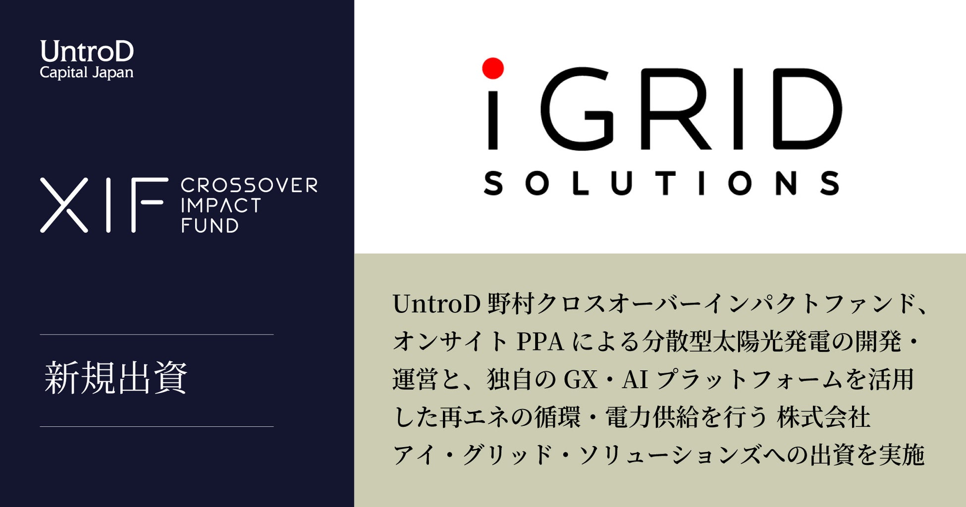 UntroD野村クロスオーバーインパクトファンド、オンサイトPPAによる分散型太陽光発電の開発・運営と、GX・AIプラットフォームによる再エネ循環・電力供給を行うアイ・グリッド・ソリューションズに出資
