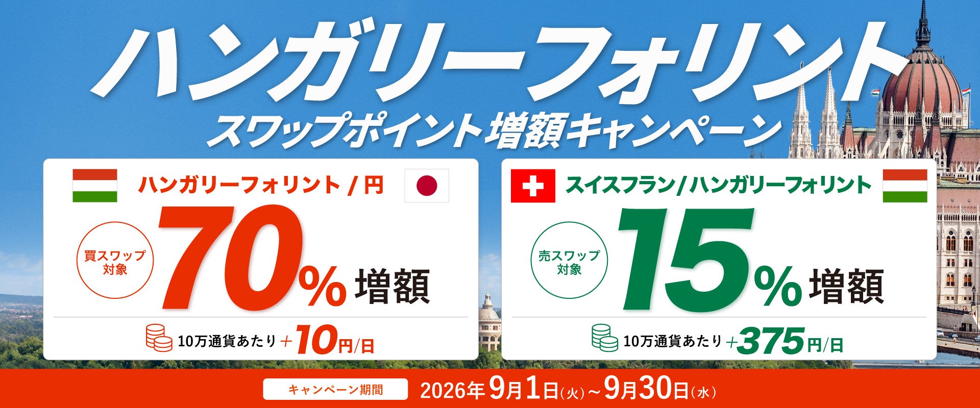 【トライオートFX】ハンガリーフォリント/円・スイスフラン/ハンガリーフォリント スワップポイント増額キャンペーン開催！